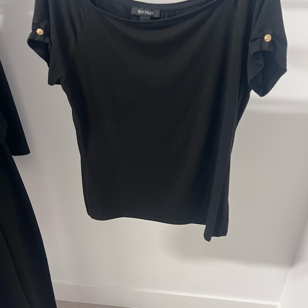 White House Black Market Black Short Sleeve Tee with Button Accents